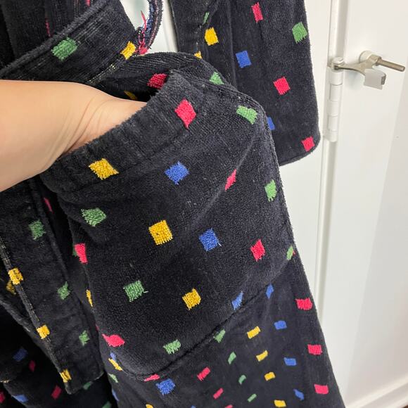 Vintage Pretti of Italy Men's Long Robe OS Black Knit Tie Belt Cotton Terry - Picture 7 of 10